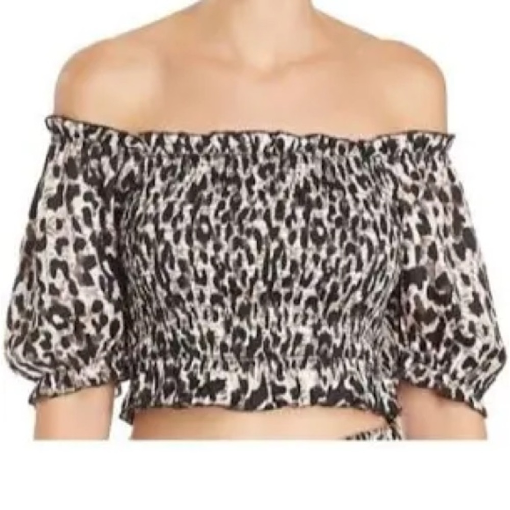 Red Carter Black and Gray Smocked Off-Shoulder Crop Top